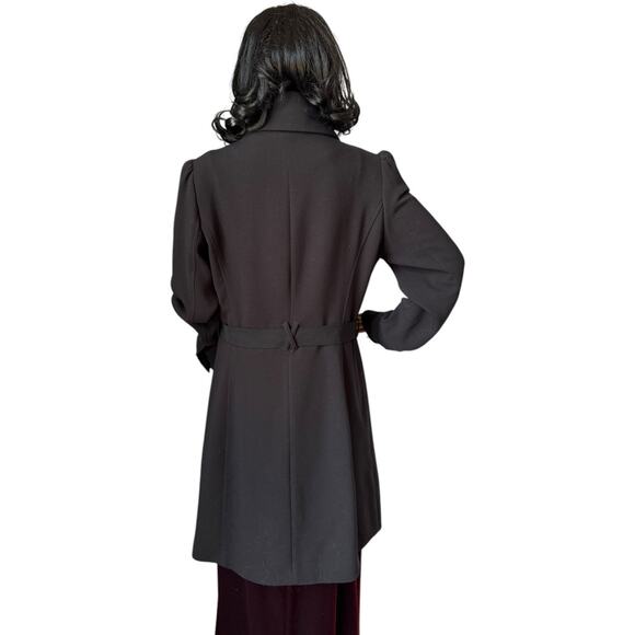 H&M Black dress coat rounded fold over collar with flower belt 12 - Picture 4 of 17